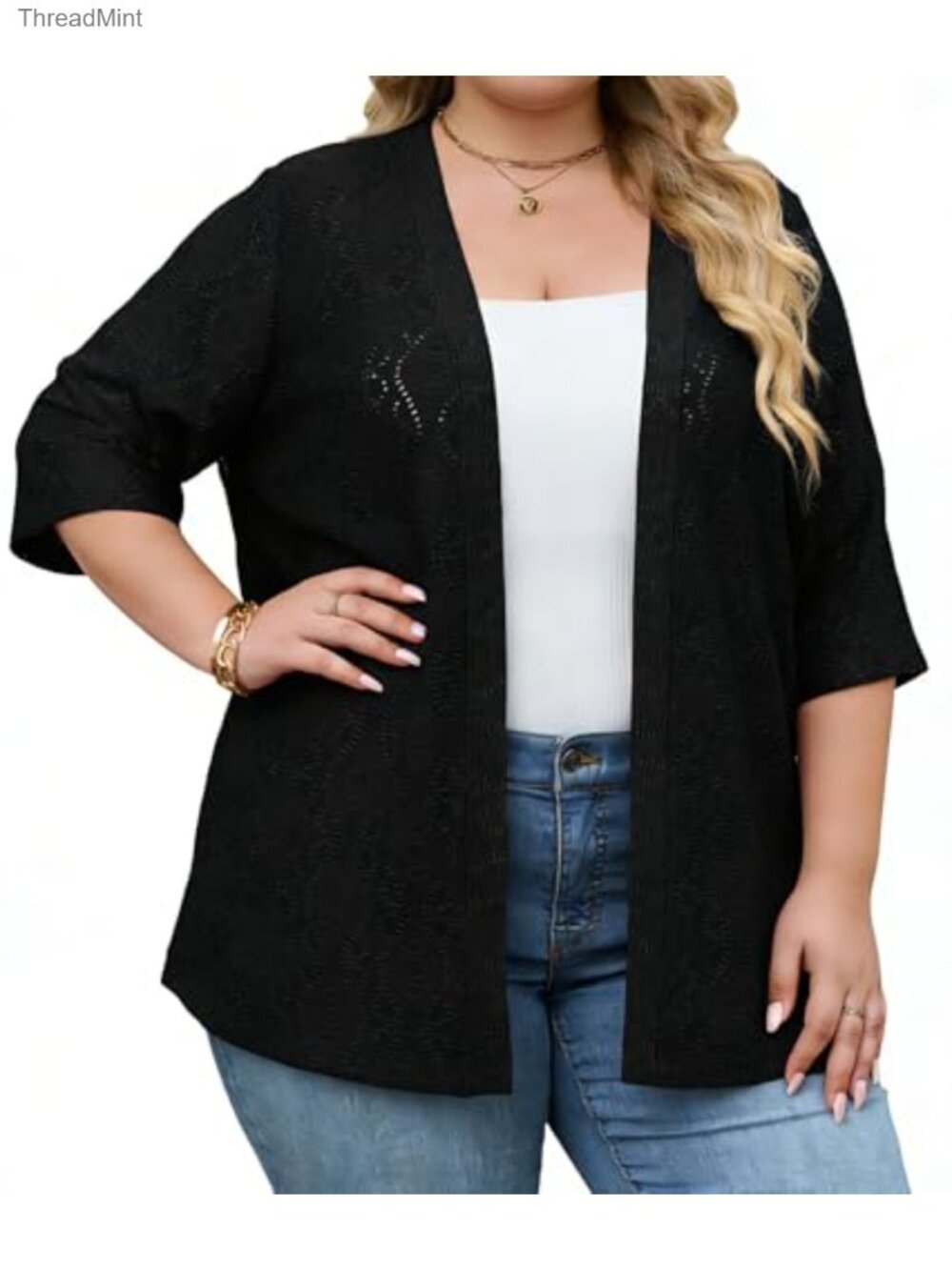 Plus Size Jacquard Knit Open Front Lightweight Summer Cardigan Half Sleeve